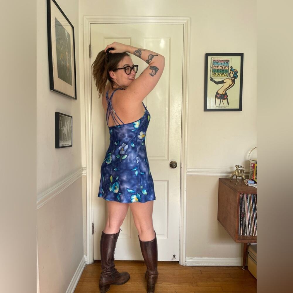 90s Vintage Satin Floral Mini Dress - Picture 1 of 7